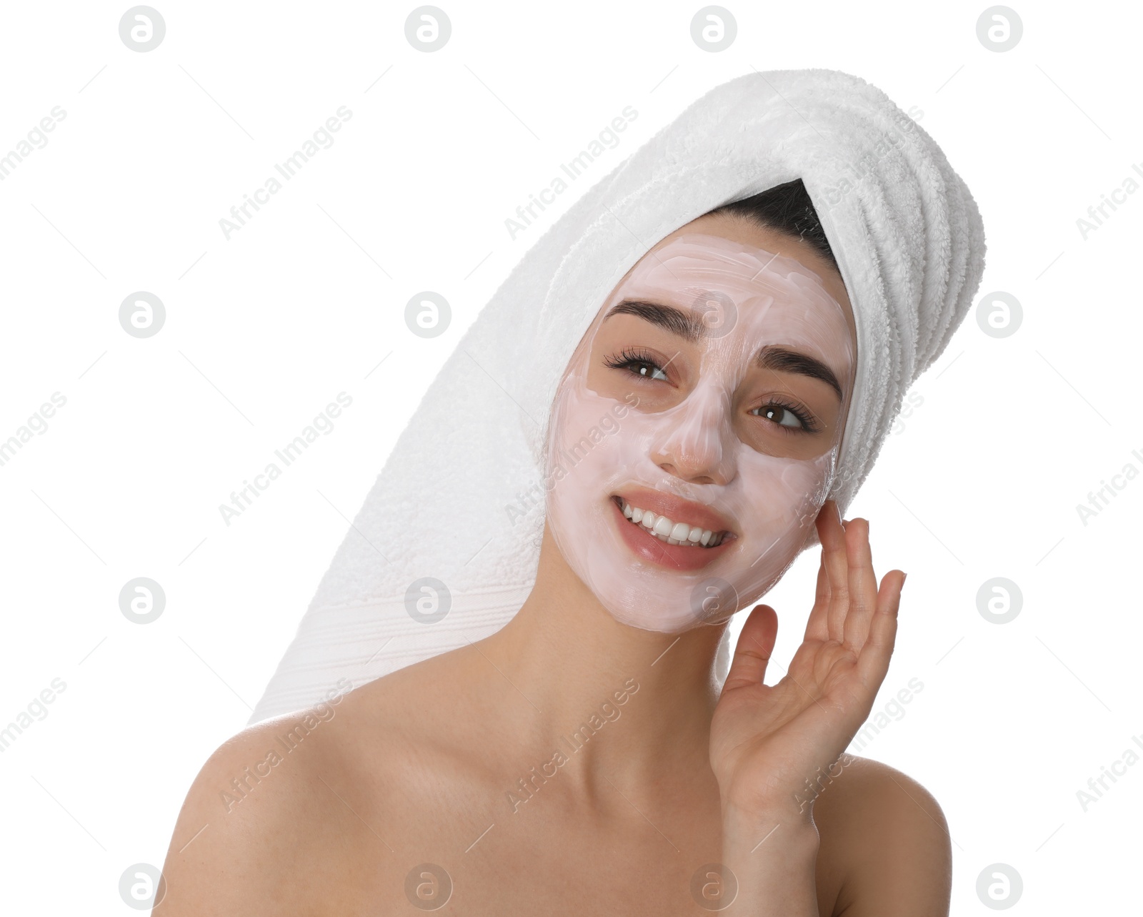 Photo of Woman with pomegranate face mask on white background
