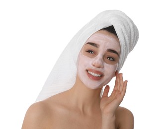 Woman with pomegranate face mask on white background
