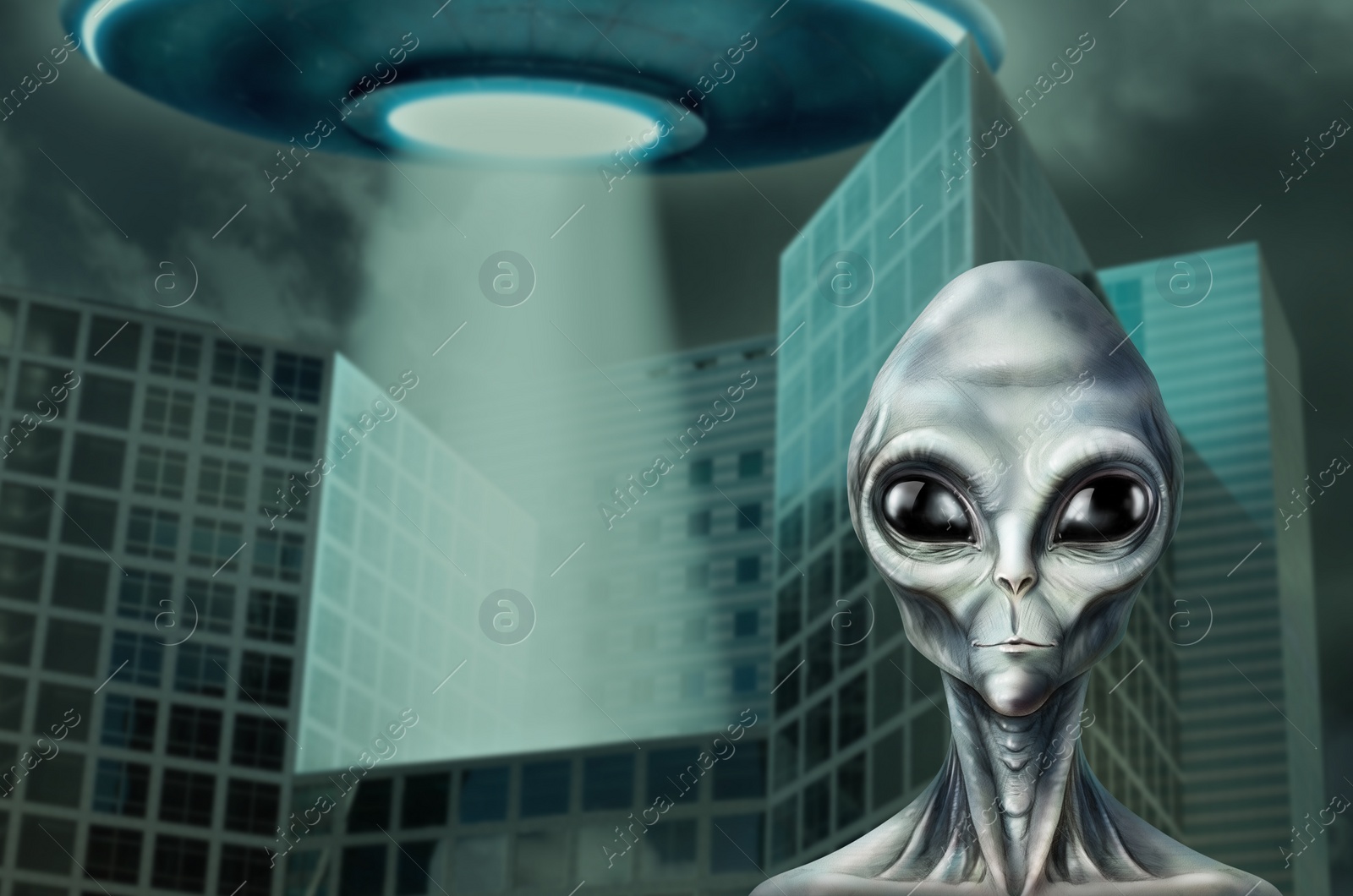 Image of Alien and flying saucer at city. UFO, extraterrestrial visitors