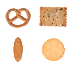 Collage of different tasty crackers on white background