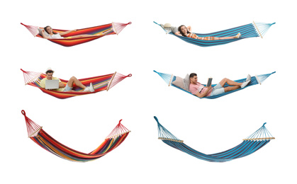 Image of Set with different hammocks on white background