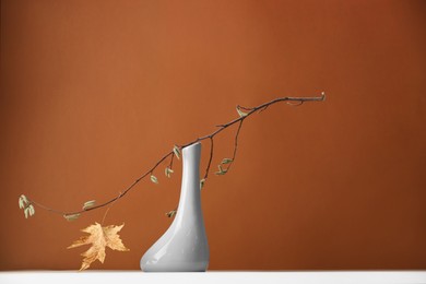 Photo of Vase with tree branch and autumn leaf on white table against brown background. Space for text