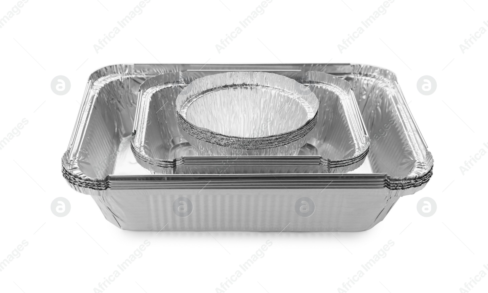 Photo of Many different aluminum foil containers isolated on white