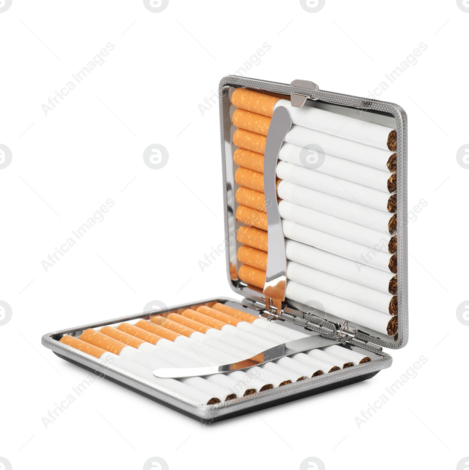 Photo of Stylish case with cigarettes isolated on white