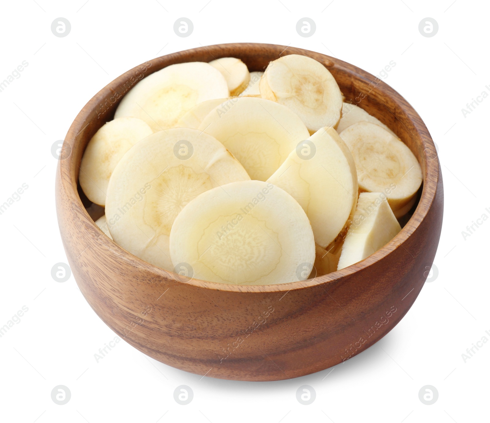 Photo of Bowl of tasty cut fresh ripe parsnip isolated on white