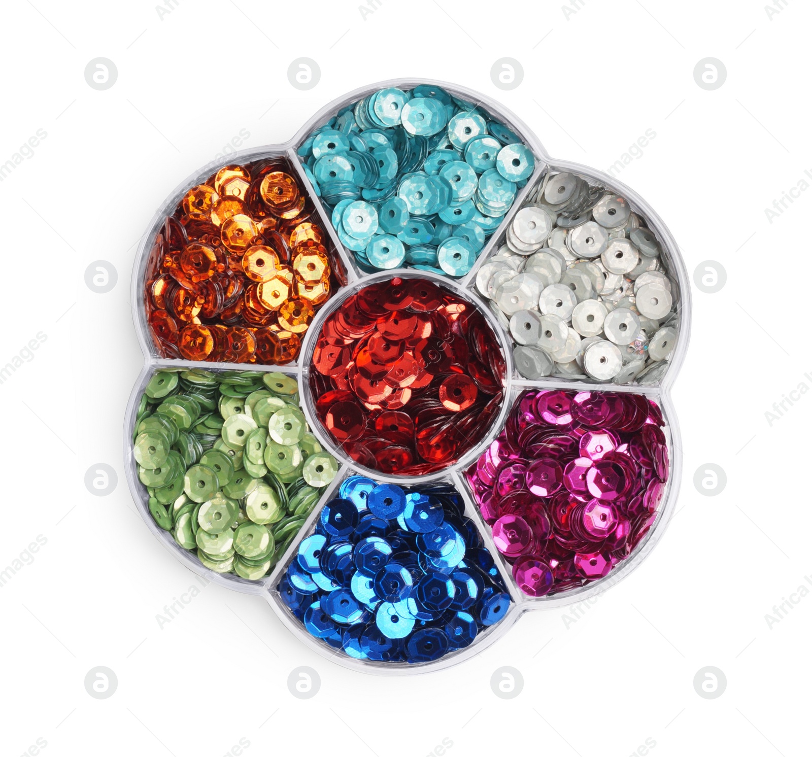 Photo of Many colorful sequins in containers isolated on white, top view