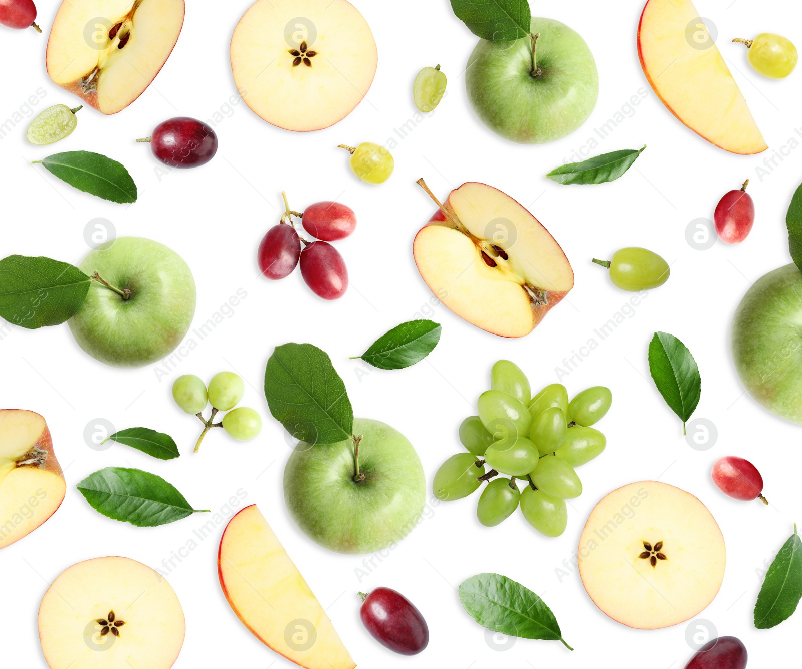 Image of Layout with fresh apples, grapes and green leaves on white background, top view