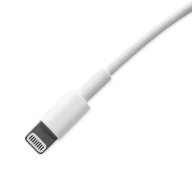Photo of USB lightning cable isolated on white, top view. Modern technology