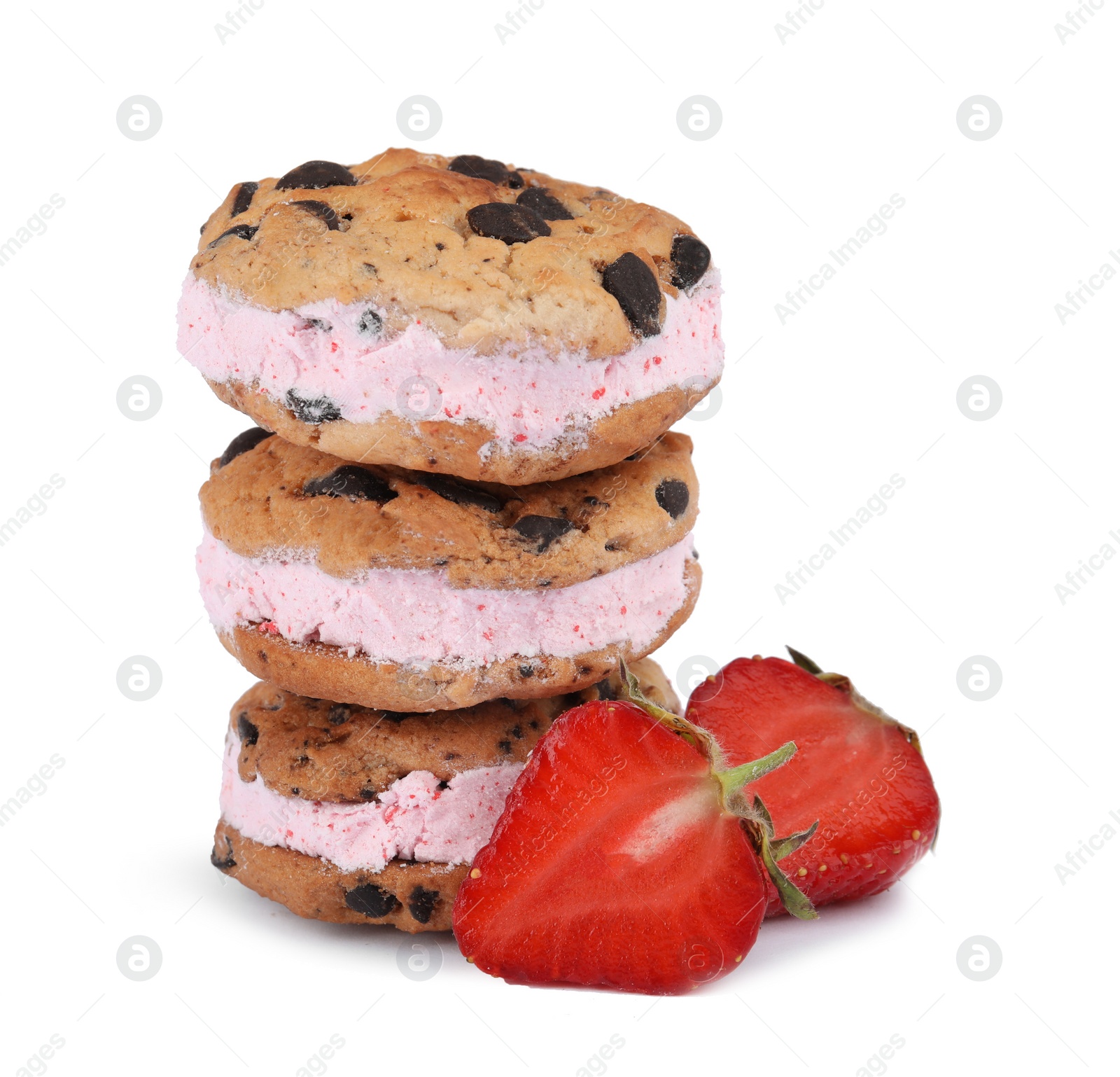 Photo of Sweet delicious ice cream cookie sandwiches and strawberry on white background