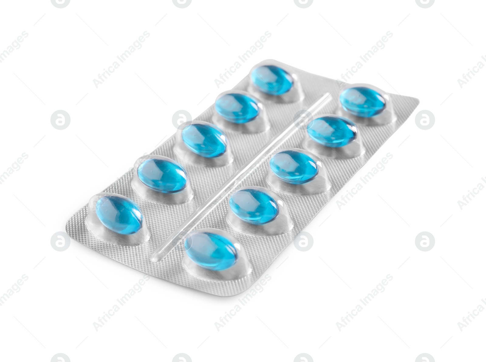 Photo of Blister of pills on white background. Medicinal treatment