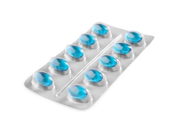 Photo of Blister of pills on white background. Medicinal treatment