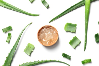 Flat lay composition with aloe vera on white background