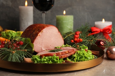 Photo of Delicious ham served on table. Christmas dinner