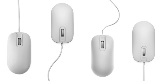 Image of Modern computer mouse collection on white background, top view