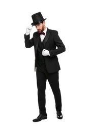 Photo of Magician in top hat on white background