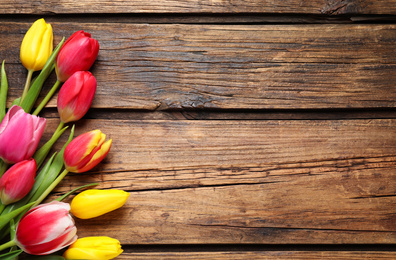 Photo of Beautiful spring tulips on wooden background, flat lay. Space for text