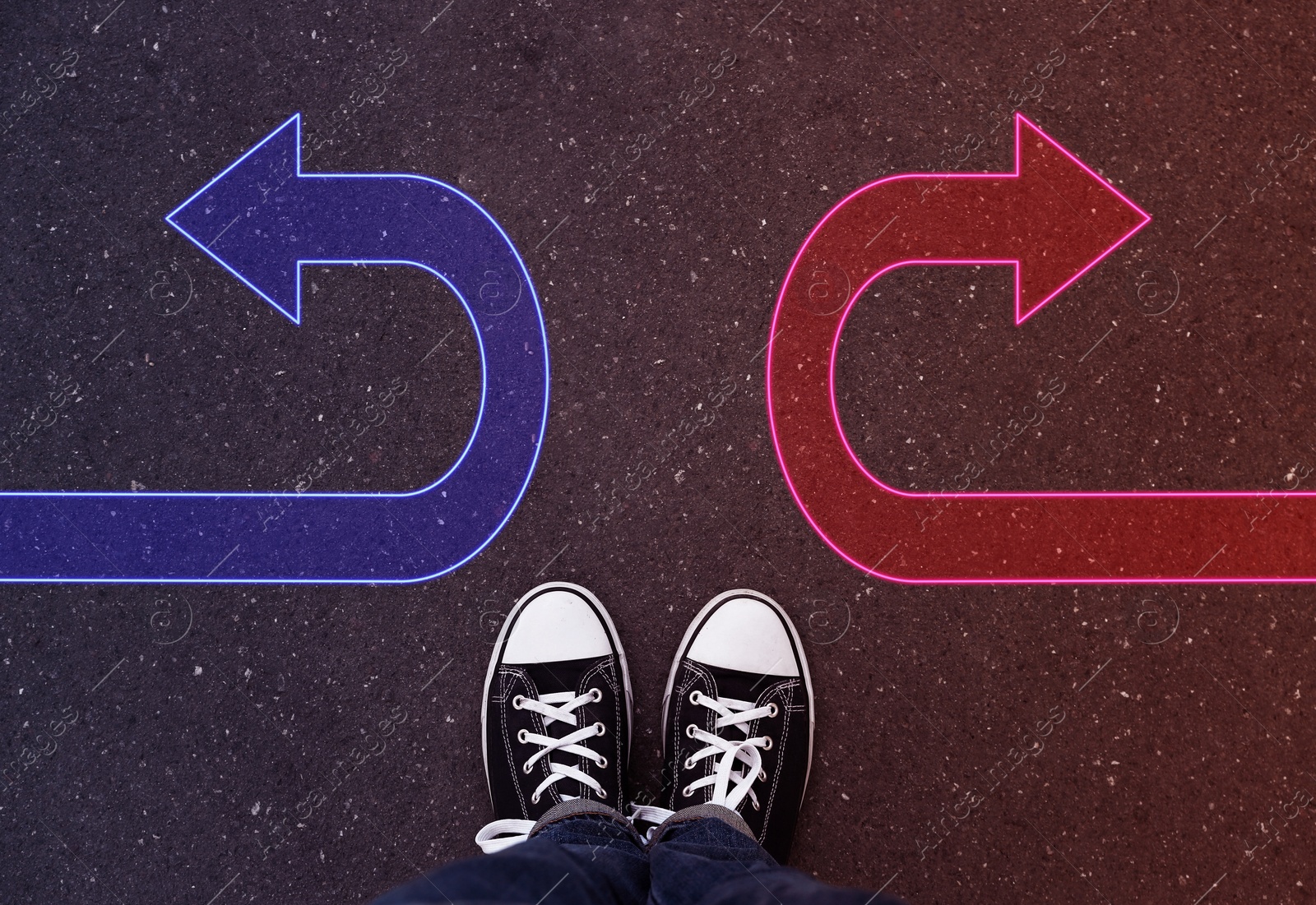 Image of Woman standing near arrows, top view. Concept of choice between different ways 