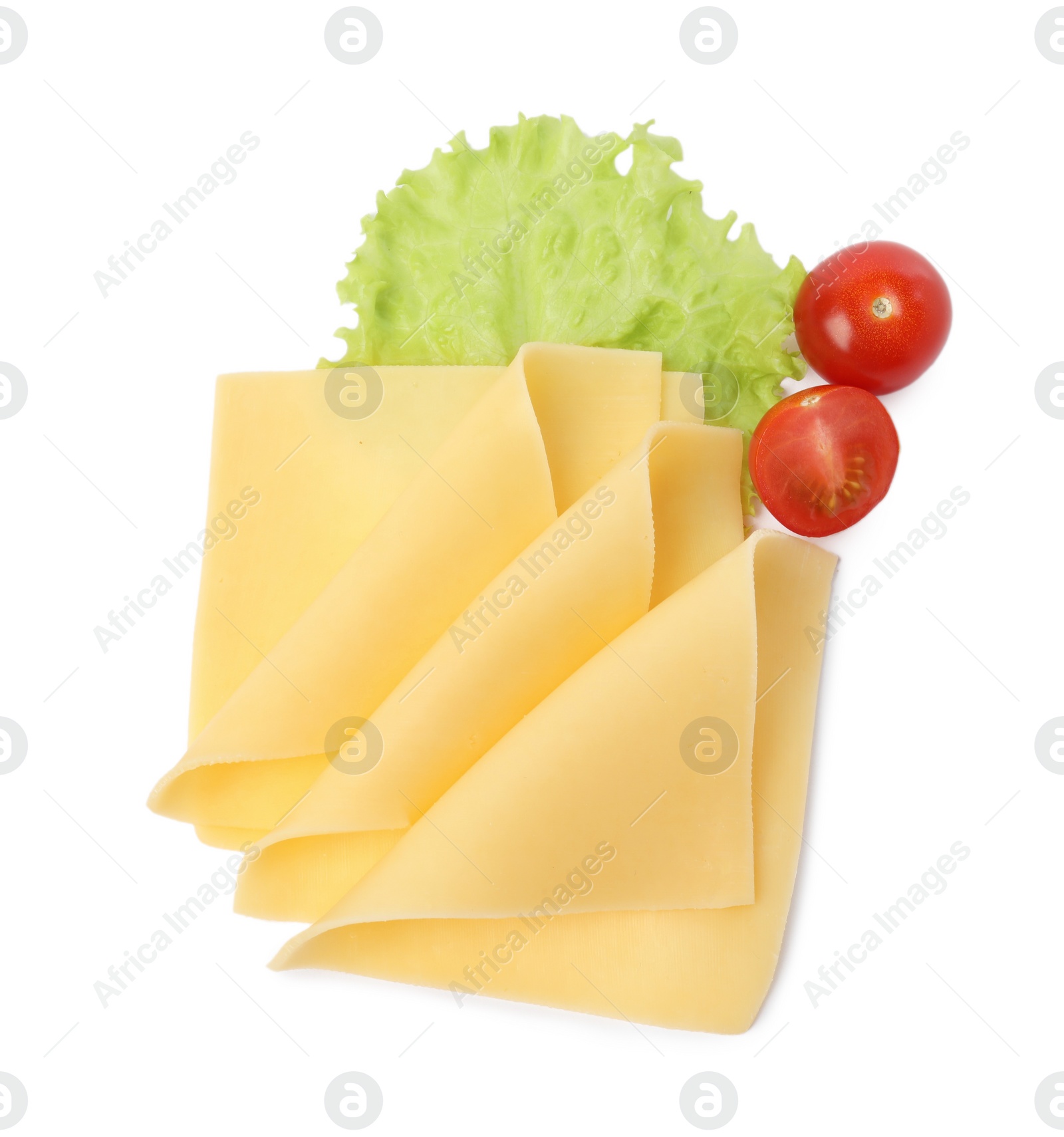 Photo of Slices of fresh cheese, tomatoes and lettuce isolated on white, top view