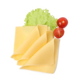 Photo of Slices of fresh cheese, tomatoes and lettuce isolated on white, top view