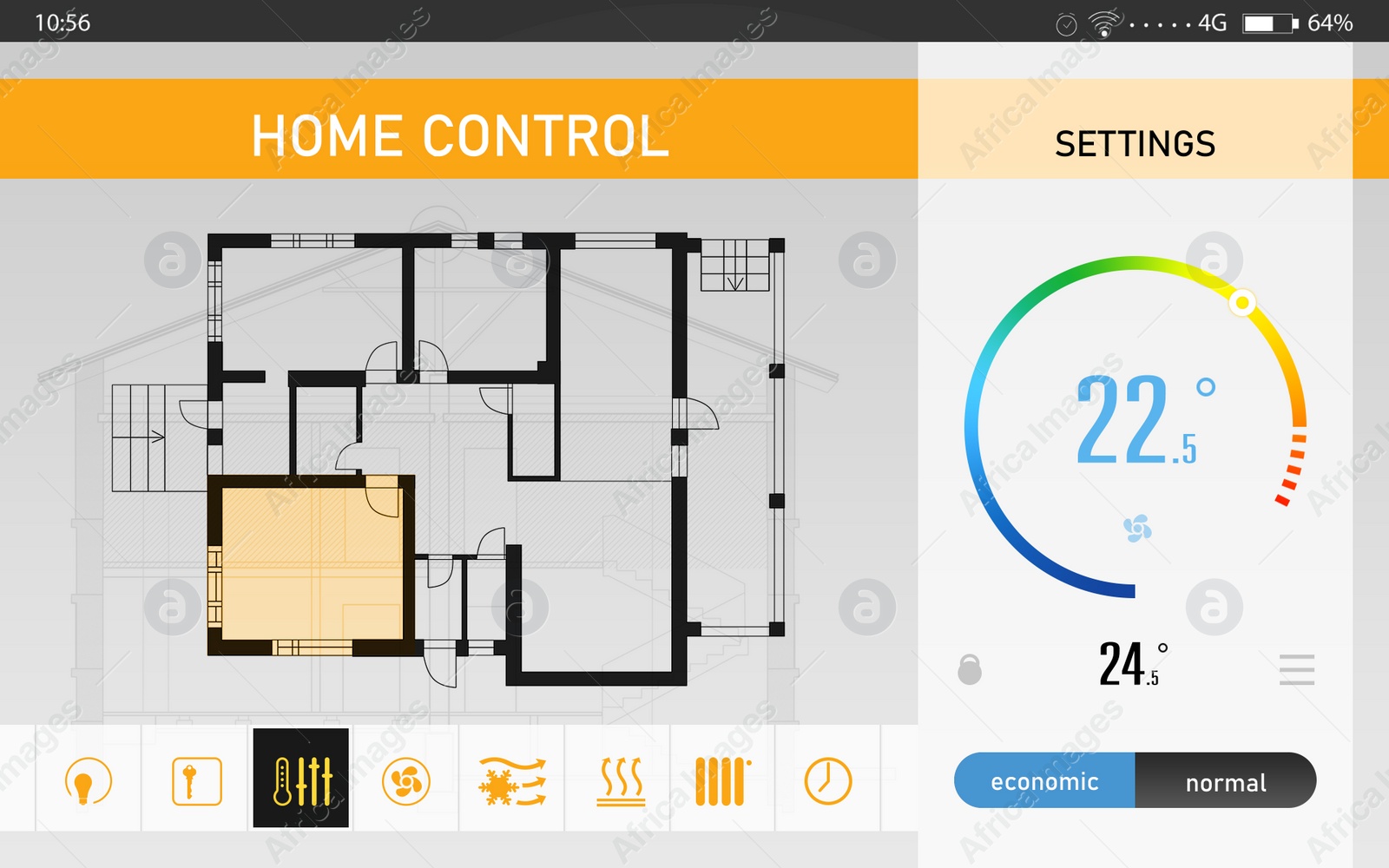 Illustration of Energy efficiency home control system. Application displaying house plan, indoor temperature and other settings