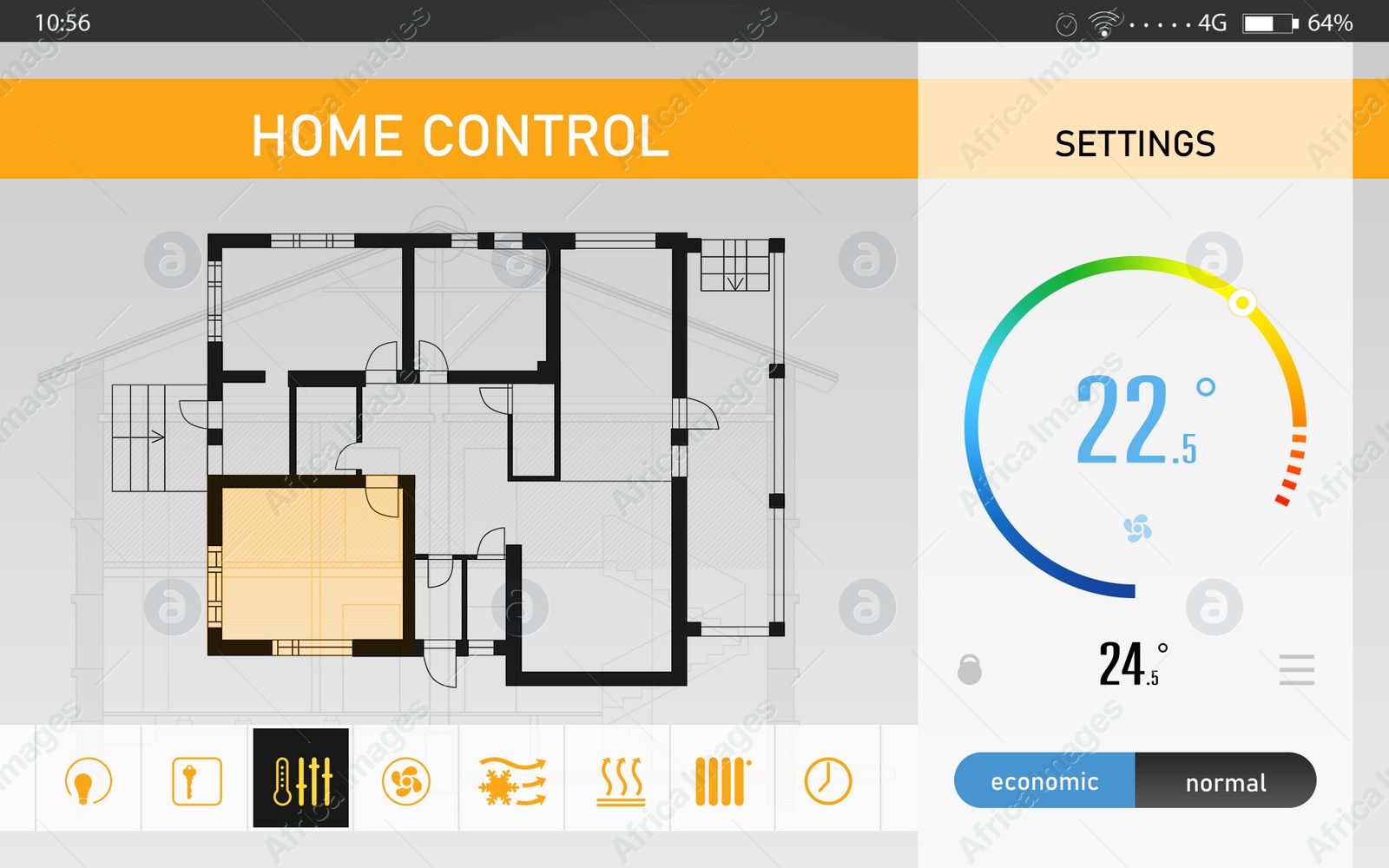Energy efficiency home control system. Application displaying house plan, indoor temperature and other settings Illustration of Energy efficiency home control system. Application displaying house plan, indoor temperature and other settings