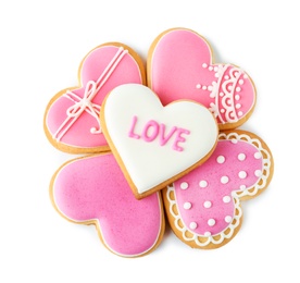 Photo of Decorated heart shaped cookies on white background, top view. Valentine's day treat