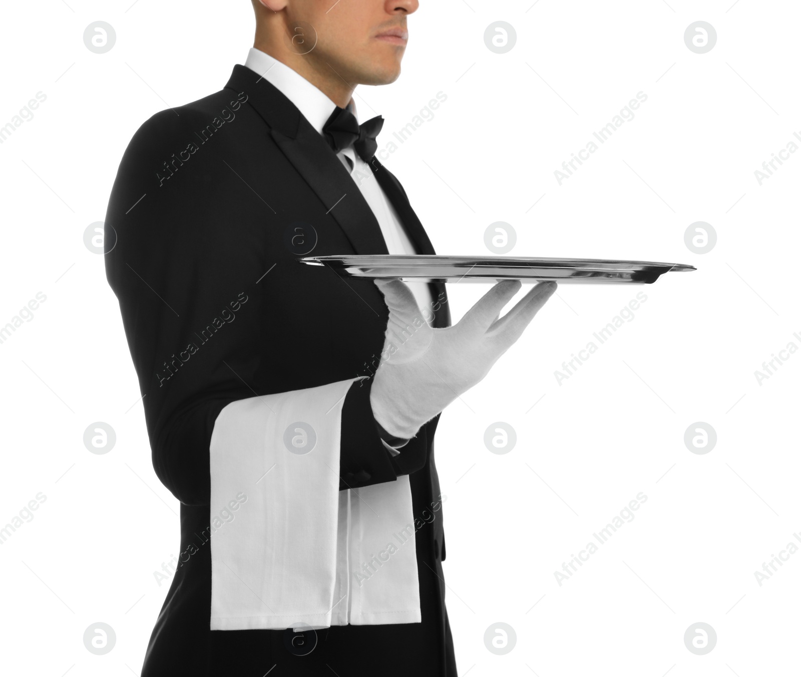 Photo of Elegant butler holding silver tray isolated on white, closeup