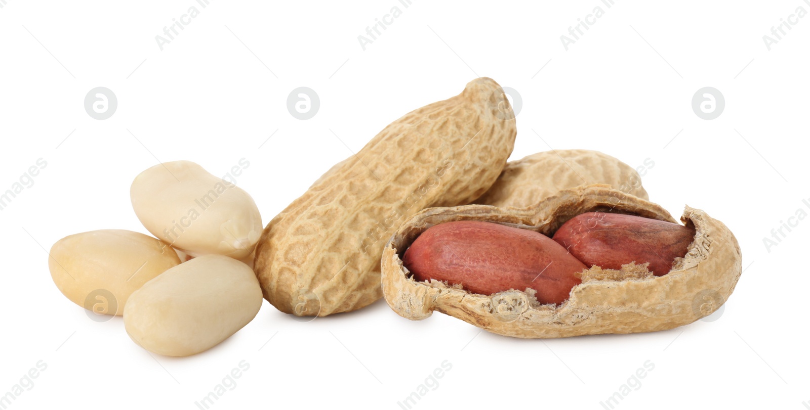 Photo of Fresh peanuts isolated on white. Healthy snack