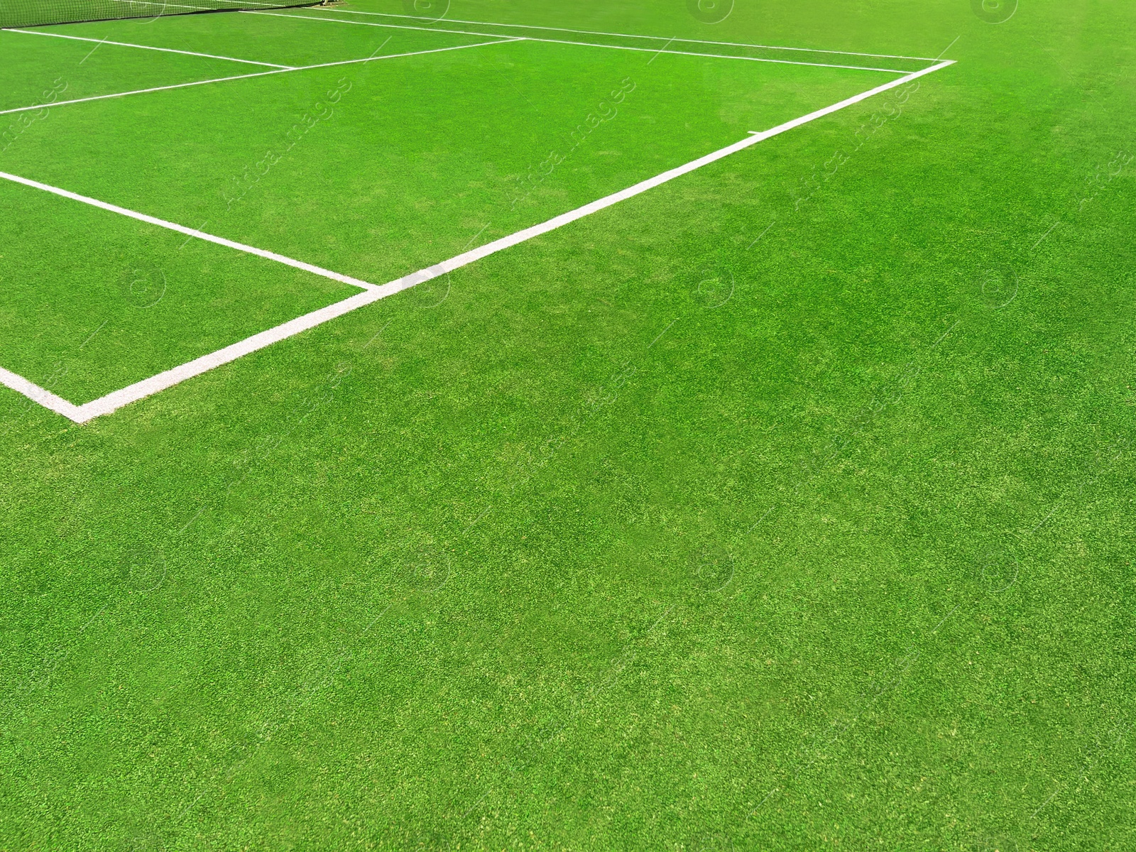 Photo of Tennis court with green grass and markings outdoors