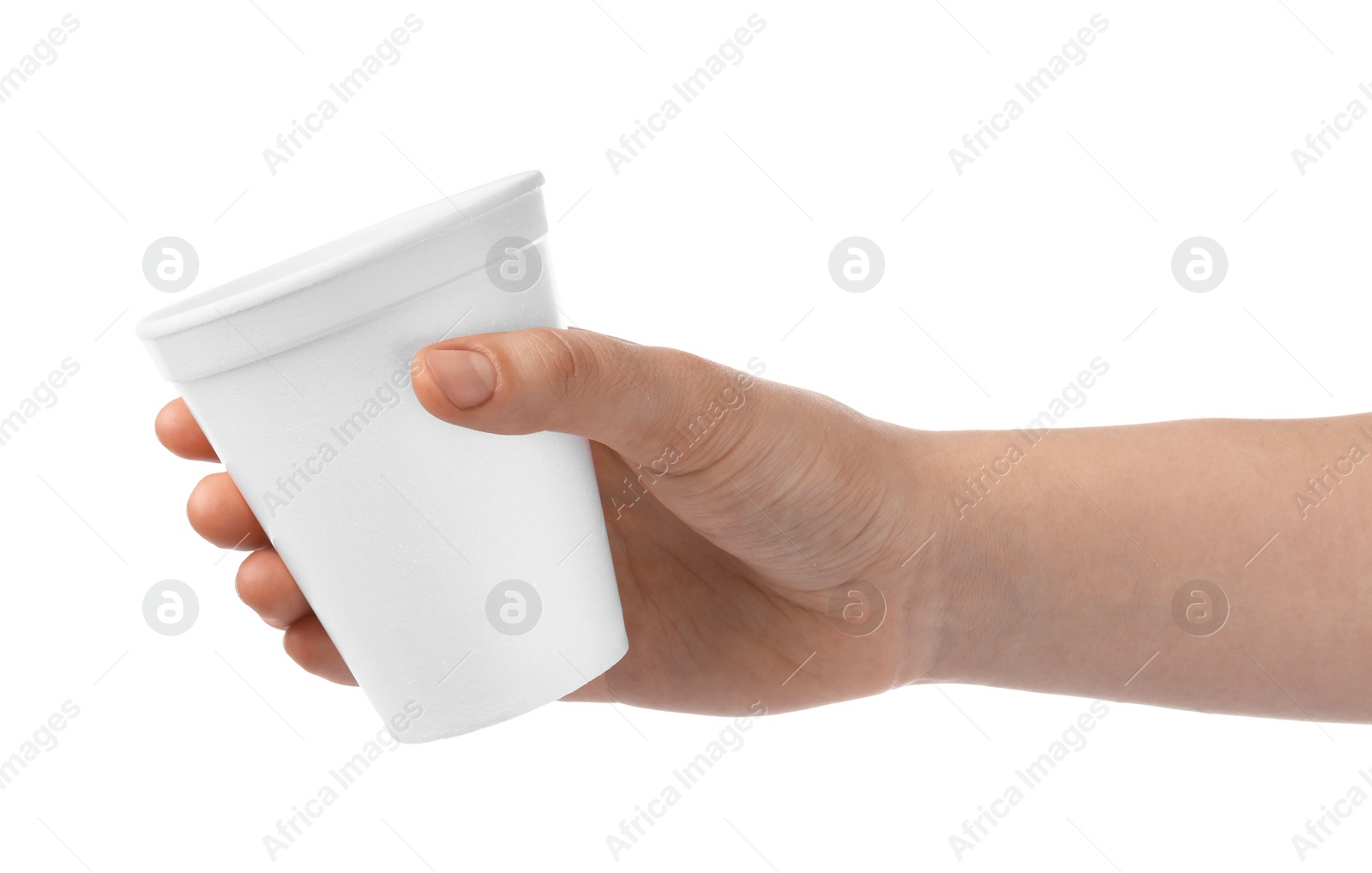 Photo of Woman holding styrofoam cup on white background, closeup