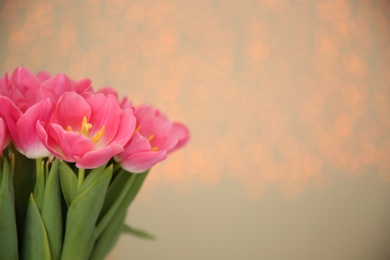 Photo of Beautiful spring tulips on blurred background, space for text. International Women's Day