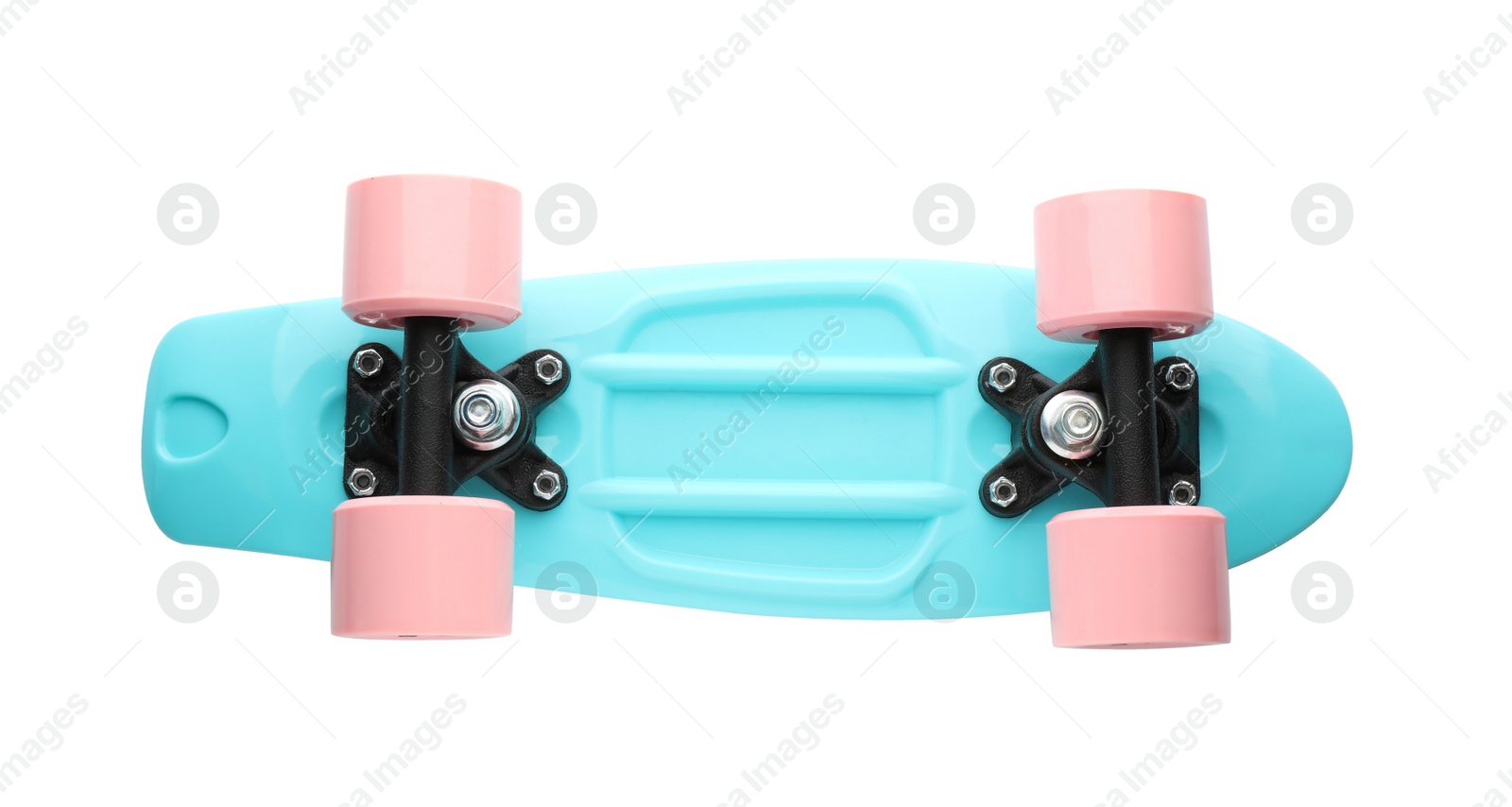 Photo of Turquoise skateboard with pink wheels isolated on white, top view. Sport equipment