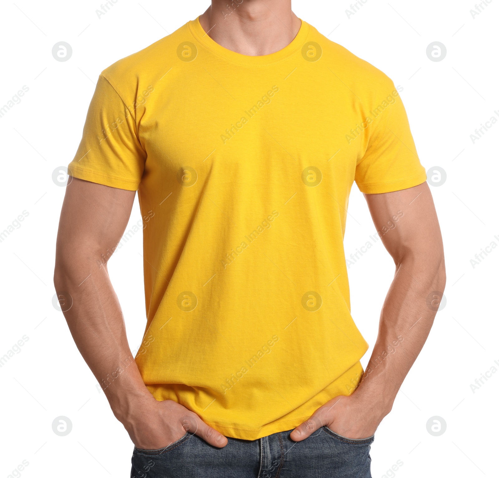 Photo of Man wearing yellow t-shirt on white background, closeup. Mockup for design