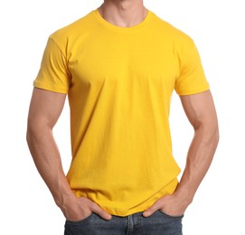 Man wearing yellow t-shirt on white background, closeup. Mockup for design