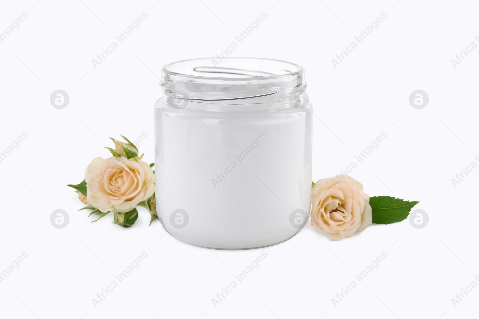 Photo of Jar of hand cream and roses on white background