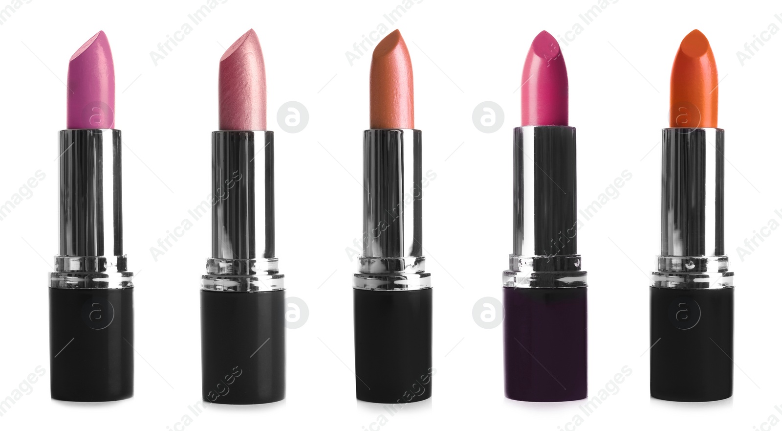 Image of Set with different lipsticks on white background