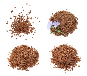 Set with chicory granules on white background, top view 