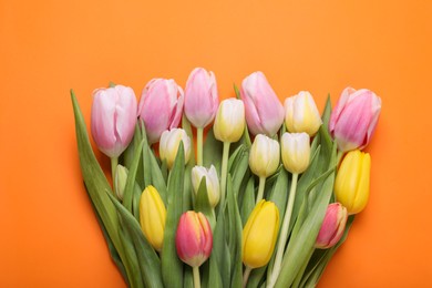 Photo of Beautiful colorful tulips on orange background, flat lay