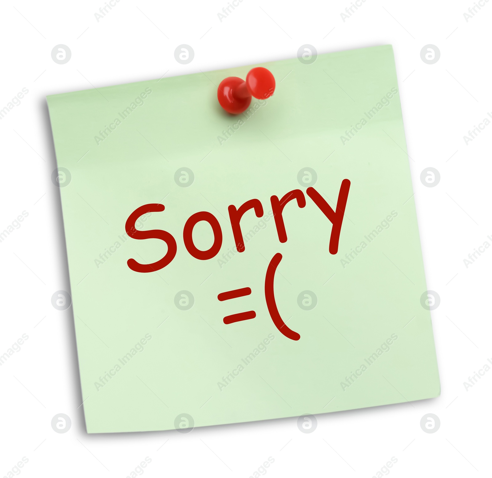 Image of Apology. Sticky note with word Sorry and drawn sad face pinned on white background