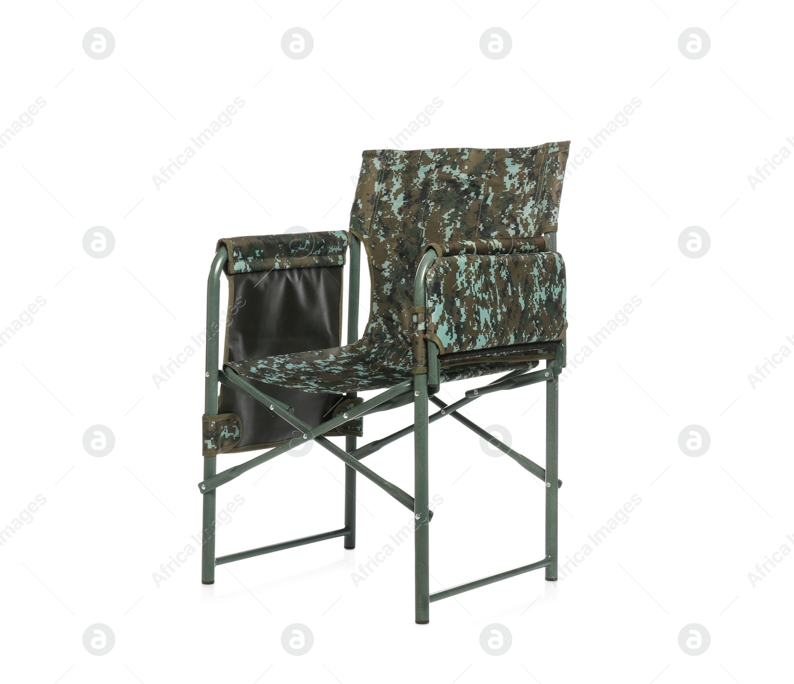 Photo of Comfortable camouflage fishing chair on white background