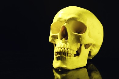 Photo of Yellow human skull on black background, space for text