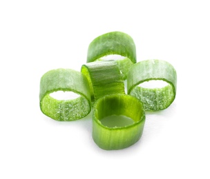 Photo of Cut fresh green onion on white background