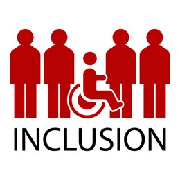 Illustration of Concept of DEI - Diversity, Equality, Inclusion.  people and person with disability on white background