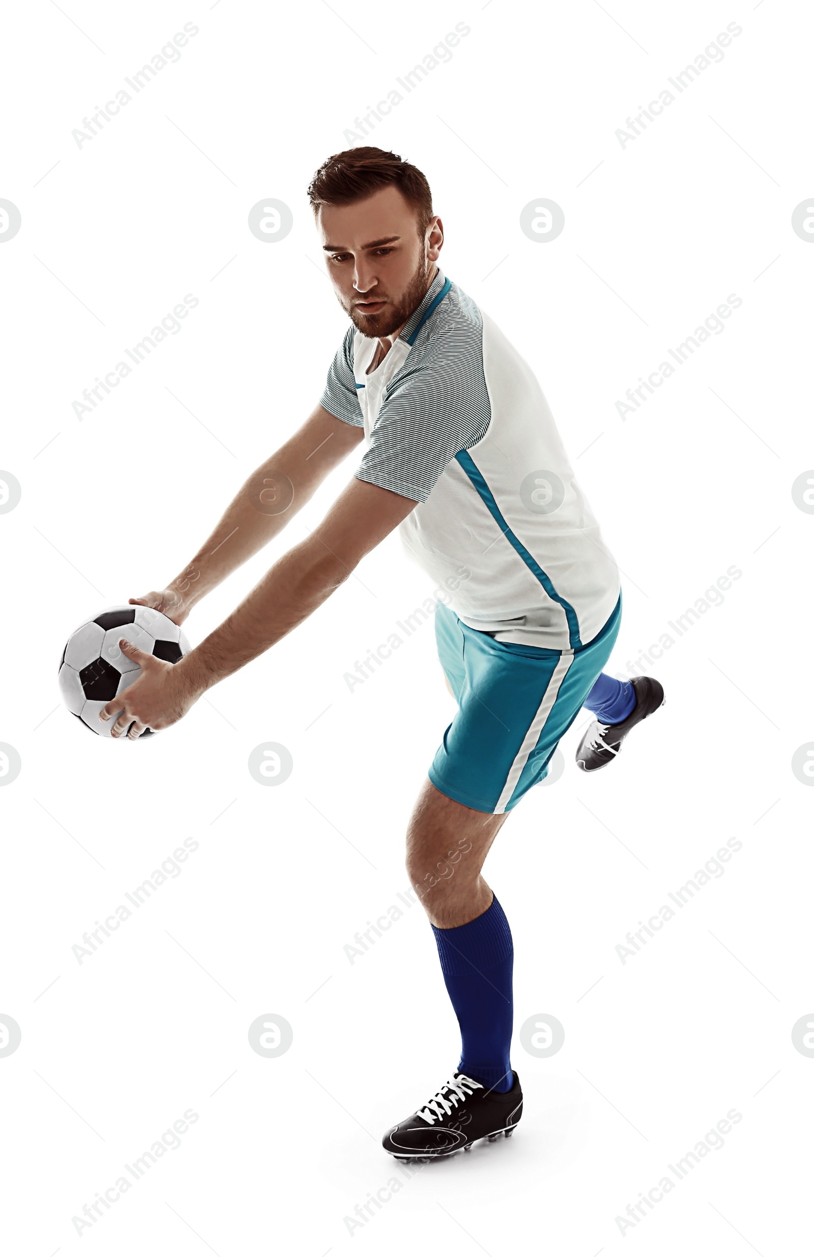 Image of Young man playing football on white background