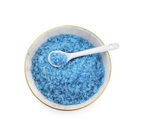 Photo of Bowl with blue sea salt isolated on white, top view