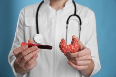 Photo of Doctor holding plastic model of afflicted thyroid and blood sample on light blue background, closeup