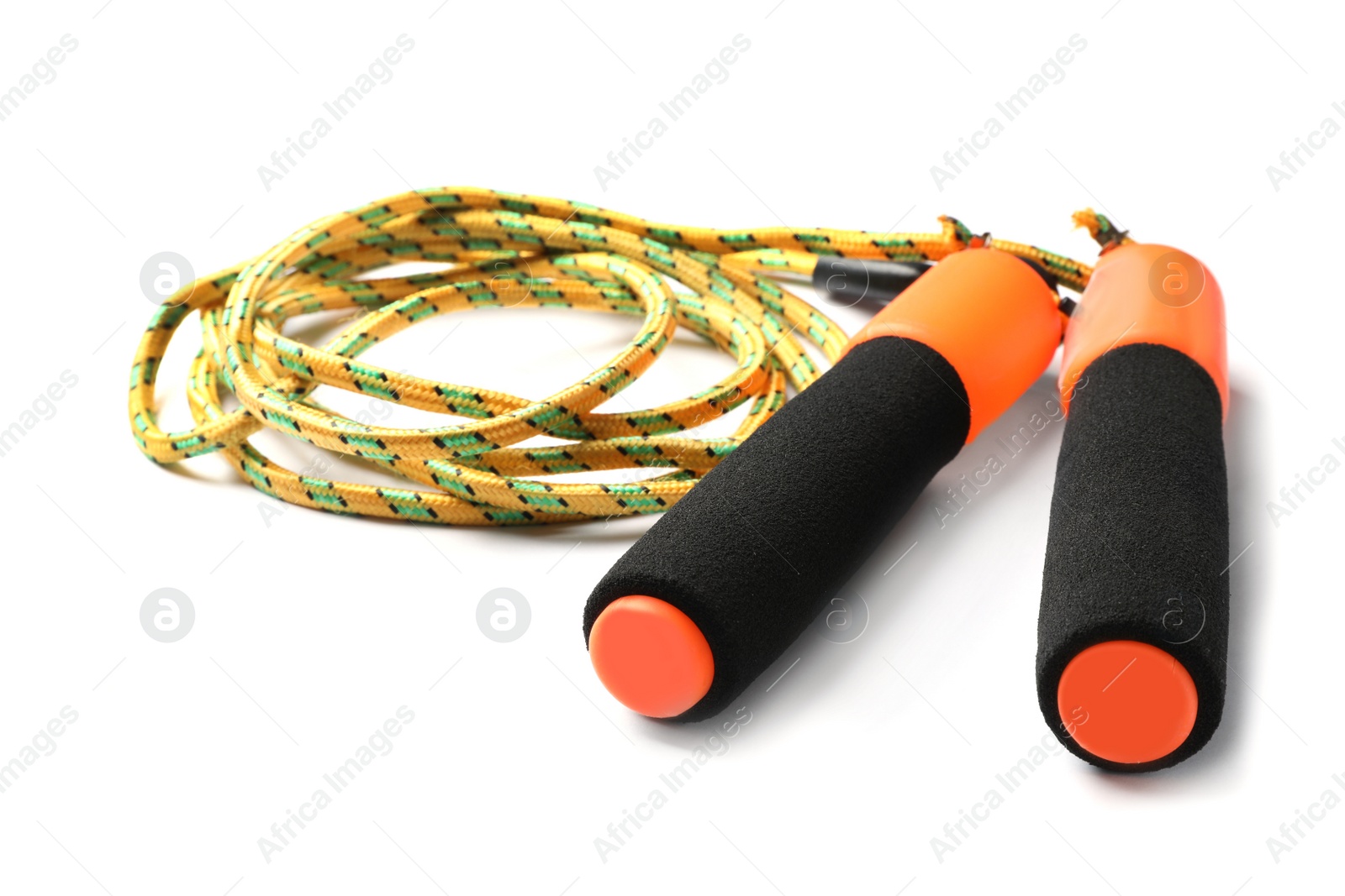 Photo of Jump rope on white background. Sports equipment