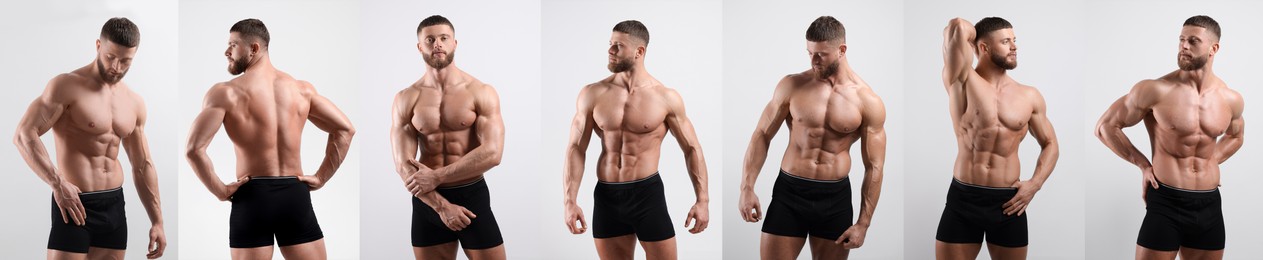 Image of Muscular man in stylish black underwear on white background, collection of photos