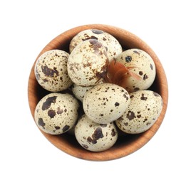 Photo of Wooden bowl with quail eggs and feather isolated on white, top view