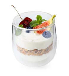 Photo of Glass with yogurt, berries and granola isolated on white